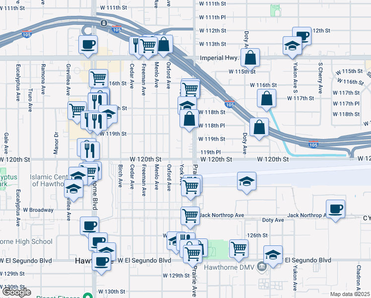 map of restaurants, bars, coffee shops, grocery stores, and more near 11965 Prairie Avenue in Hawthorne