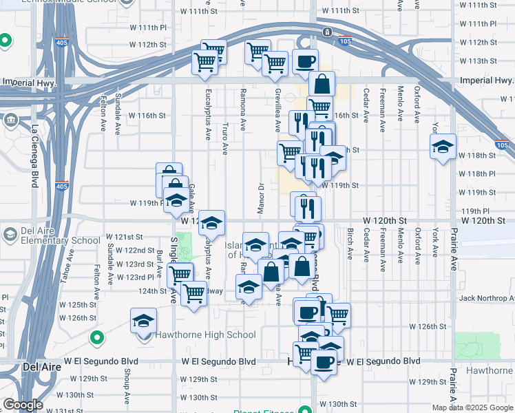 map of restaurants, bars, coffee shops, grocery stores, and more near 11977 Manor Drive in Hawthorne