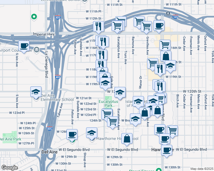 map of restaurants, bars, coffee shops, grocery stores, and more near 4763 West 120th Street in Hawthorne