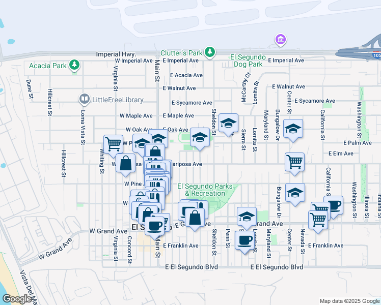 map of restaurants, bars, coffee shops, grocery stores, and more near 612 Eucalyptus Drive in El Segundo