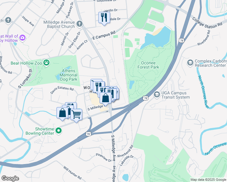 map of restaurants, bars, coffee shops, grocery stores, and more near 2091 South Milledge Avenue in Athens
