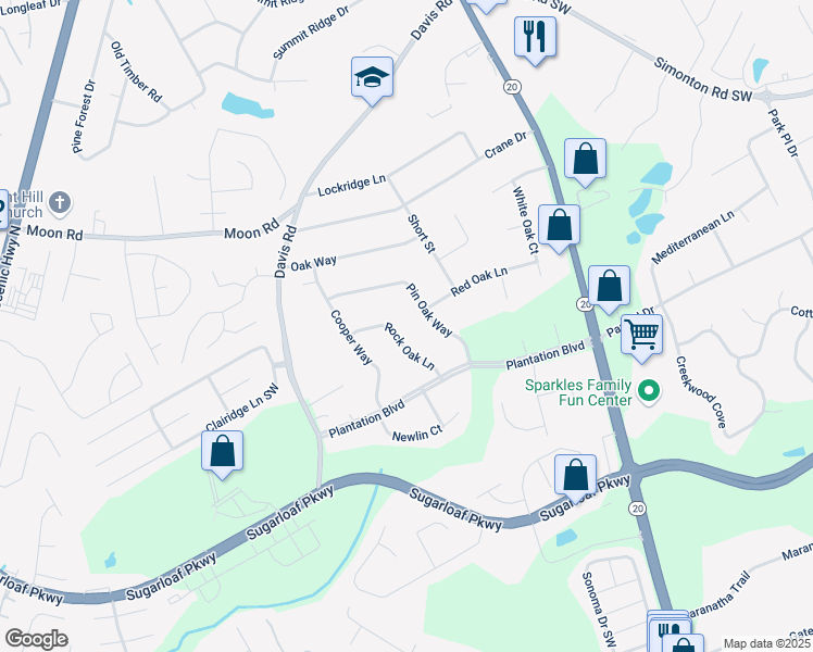 map of restaurants, bars, coffee shops, grocery stores, and more near 919 Rock Oak Lane in Lawrenceville