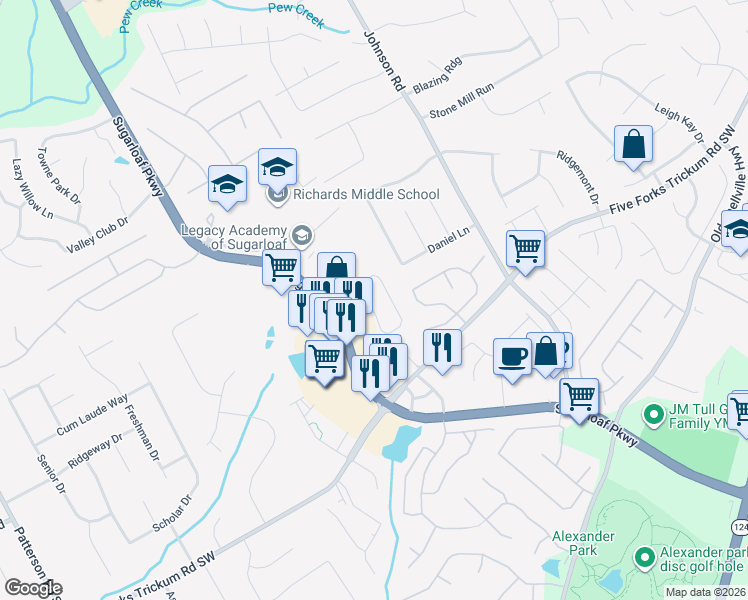 map of restaurants, bars, coffee shops, grocery stores, and more near 1375 Azalea Dr in Lawrenceville