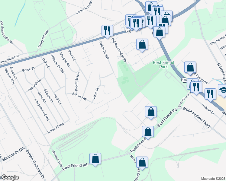 map of restaurants, bars, coffee shops, grocery stores, and more near 2375 Wind Way Court in Norcross