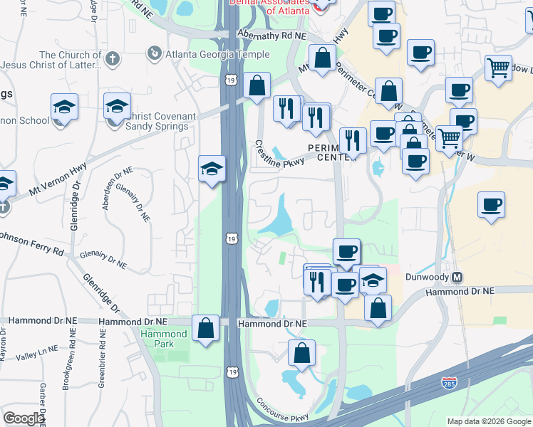 map of restaurants, bars, coffee shops, grocery stores, and more near 54 Basswood Circle Northeast in Atlanta