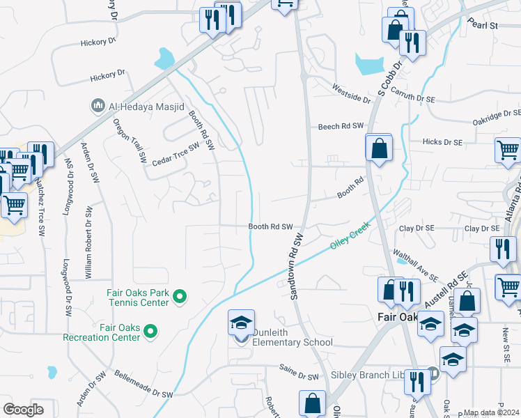 map of restaurants, bars, coffee shops, grocery stores, and more near 1135 Booth Court Southwest in Marietta