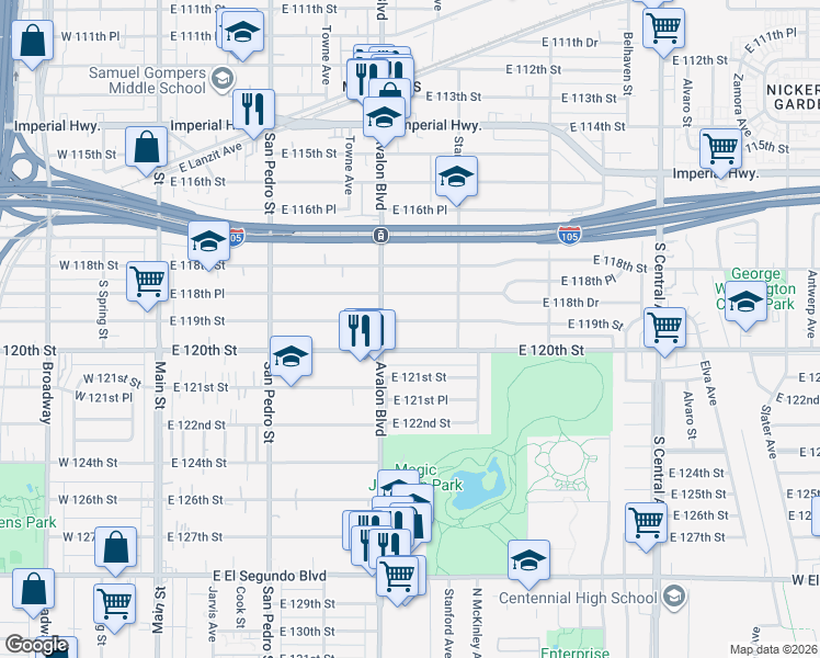 map of restaurants, bars, coffee shops, grocery stores, and more near 630 East 119th Street in Los Angeles