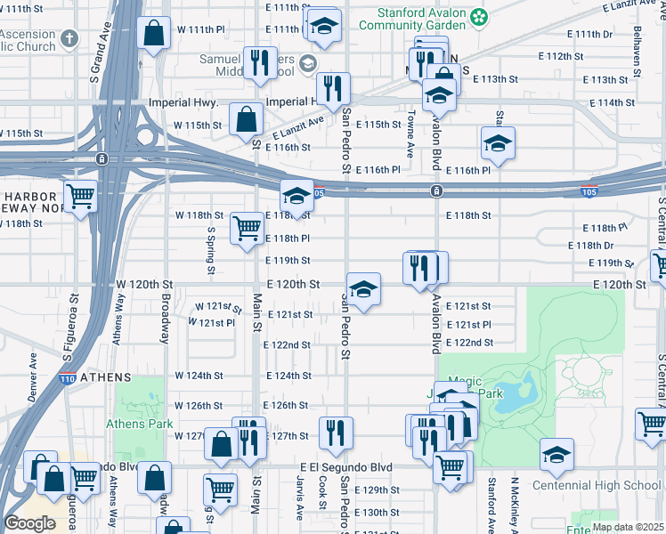 map of restaurants, bars, coffee shops, grocery stores, and more near 235 East 120th Street in Los Angeles