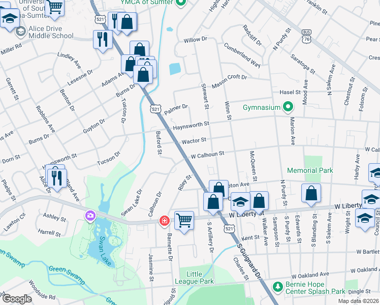 map of restaurants, bars, coffee shops, grocery stores, and more near 544 West Calhoun Street in Sumter