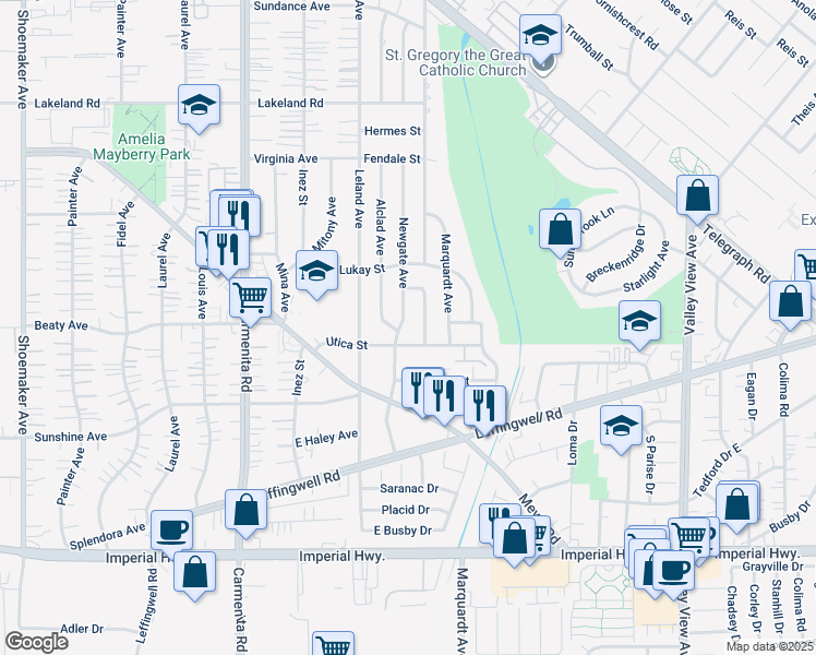 map of restaurants, bars, coffee shops, grocery stores, and more near 11814 Newgate Avenue in Whittier