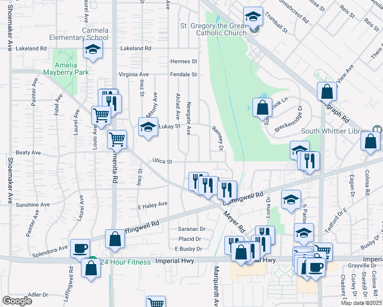map of restaurants, bars, coffee shops, grocery stores, and more near 11814 Newgate Avenue in Whittier