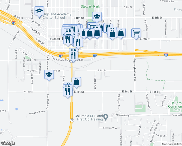 map of restaurants, bars, coffee shops, grocery stores, and more near 671 East 3rd Street in Beaumont