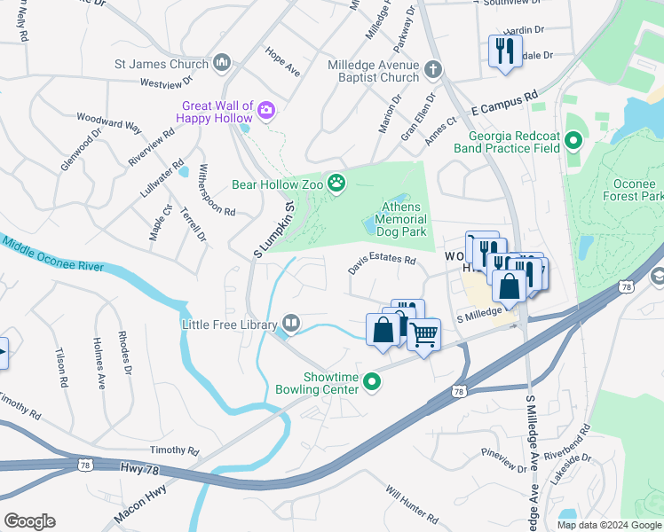 map of restaurants, bars, coffee shops, grocery stores, and more near 140 Oxford Court in Athens