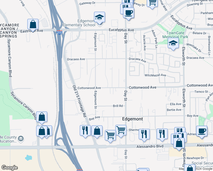 map of restaurants, bars, coffee shops, grocery stores, and more near 21840 Cottonwood Avenue in Moreno Valley