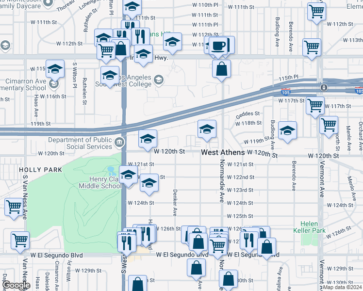 map of restaurants, bars, coffee shops, grocery stores, and more near 1605 Bruin Street in Los Angeles
