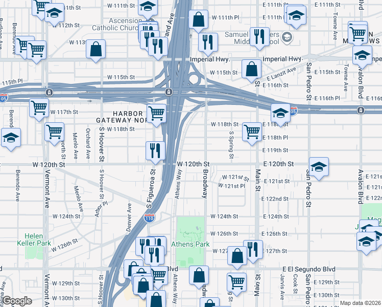 map of restaurants, bars, coffee shops, grocery stores, and more near 332 West 119th Street in Los Angeles