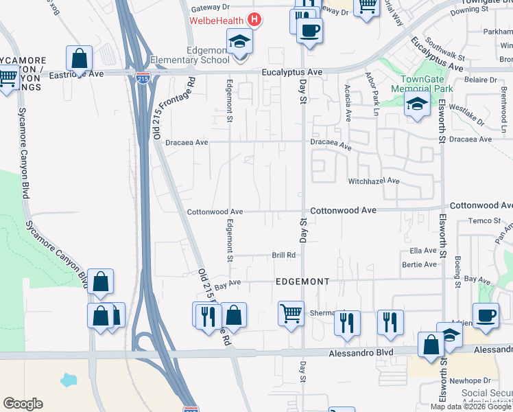 map of restaurants, bars, coffee shops, grocery stores, and more near 21840 Cottonwood Avenue in Moreno Valley