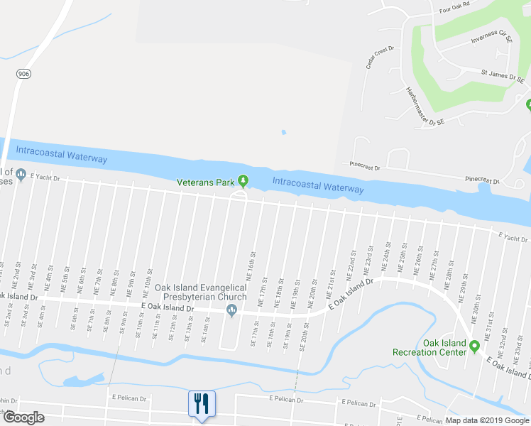 map of restaurants, bars, coffee shops, grocery stores, and more near 162 Northeast 16th Street in Oak Island