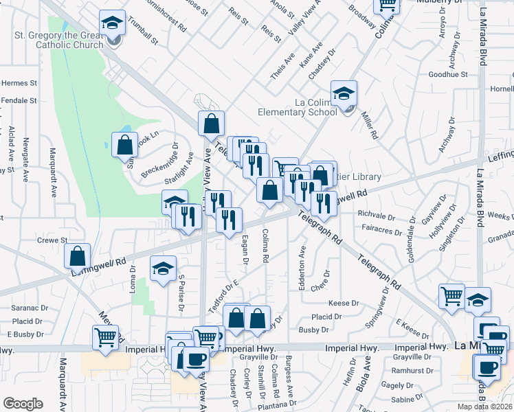 map of restaurants, bars, coffee shops, grocery stores, and more near 11737 Colima Road in Whittier