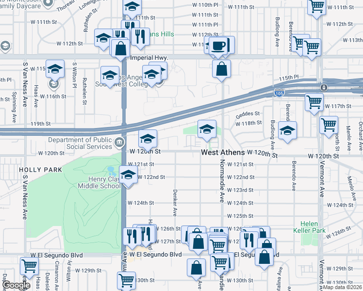map of restaurants, bars, coffee shops, grocery stores, and more near 1605 Bruin Street in Los Angeles