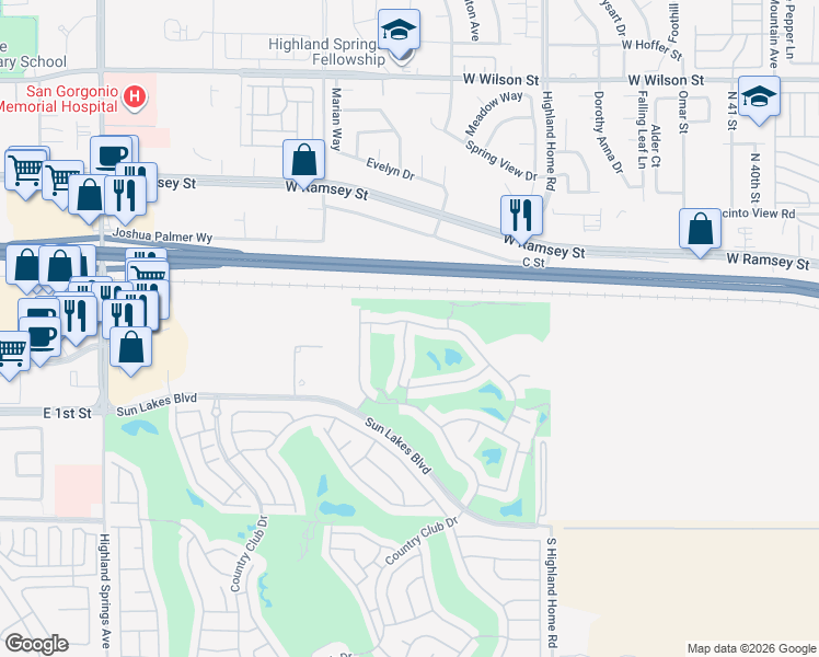 map of restaurants, bars, coffee shops, grocery stores, and more near 381 Brooklawn Drive in Banning