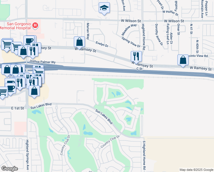 map of restaurants, bars, coffee shops, grocery stores, and more near 381 Brooklawn Drive in Banning