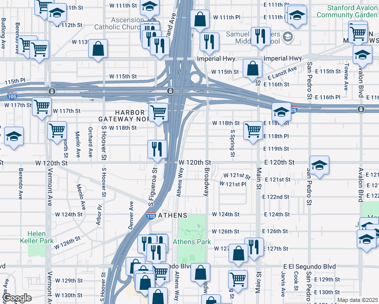 map of restaurants, bars, coffee shops, grocery stores, and more near 340 West 119th Street in Los Angeles