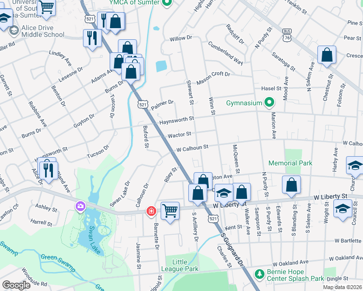 map of restaurants, bars, coffee shops, grocery stores, and more near 544 West Calhoun Street in Sumter
