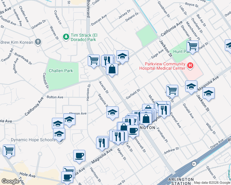 map of restaurants, bars, coffee shops, grocery stores, and more near 4042 Van Buren Boulevard in Riverside