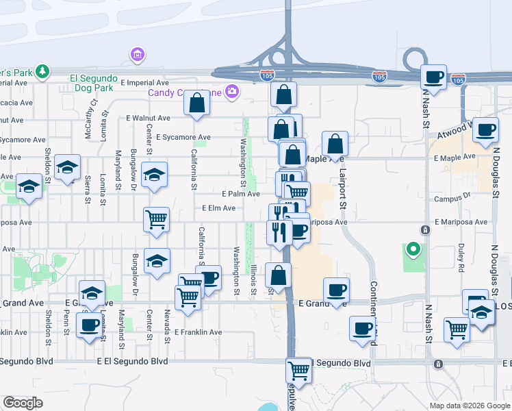 map of restaurants, bars, coffee shops, grocery stores, and more near 617 Illinois Court in El Segundo