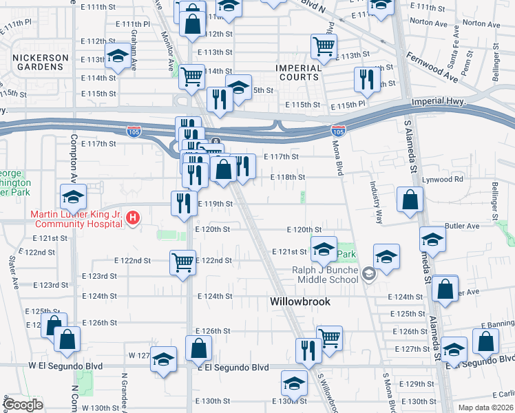 map of restaurants, bars, coffee shops, grocery stores, and more near 2130 East 119th Street in Los Angeles
