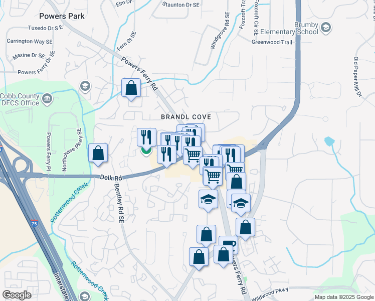 map of restaurants, bars, coffee shops, grocery stores, and more near 2789 Delk Road Southeast in Marietta