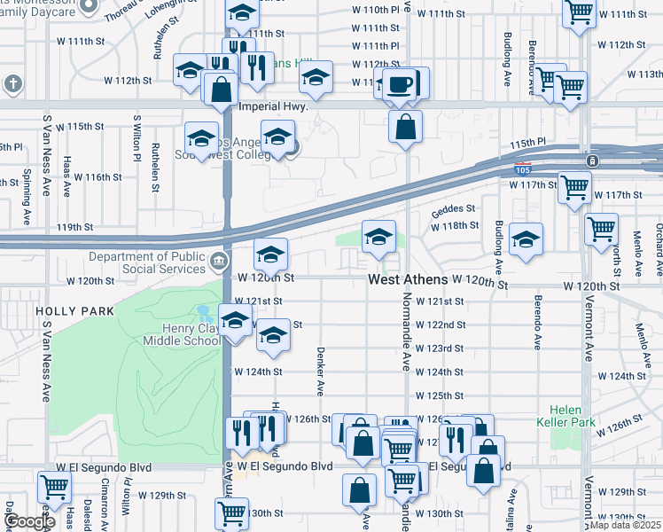 map of restaurants, bars, coffee shops, grocery stores, and more near 1605 Bruin Street in Los Angeles