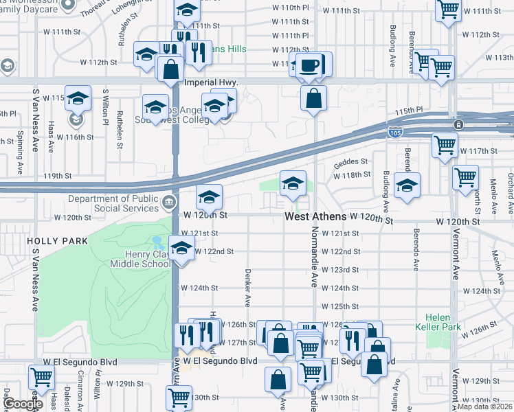 map of restaurants, bars, coffee shops, grocery stores, and more near 1605 Bruin Street in Los Angeles