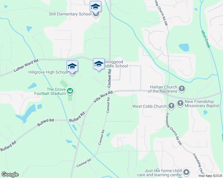 map of restaurants, bars, coffee shops, grocery stores, and more near 1215 Casteel Road in Powder Springs