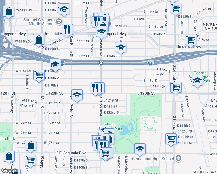 map of restaurants, bars, coffee shops, grocery stores, and more near 630 East 119th Street in Los Angeles