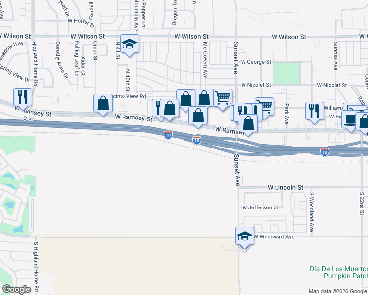 map of restaurants, bars, coffee shops, grocery stores, and more near 3705 West Ramsey Street in Banning