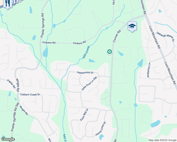 map of restaurants, bars, coffee shops, grocery stores, and more near 5652 Harbormist Drive in Powder Springs