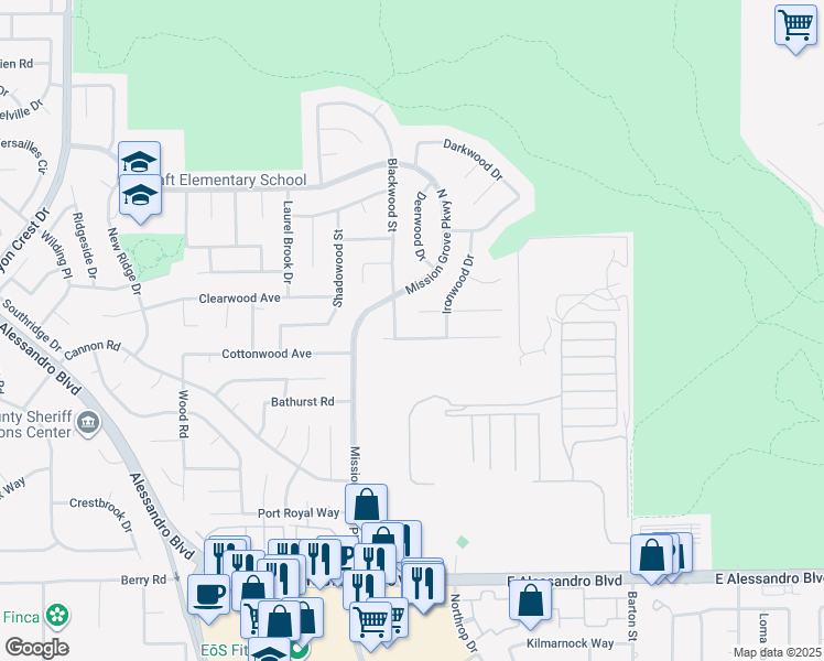 map of restaurants, bars, coffee shops, grocery stores, and more near 521 Peachwood Place in Riverside