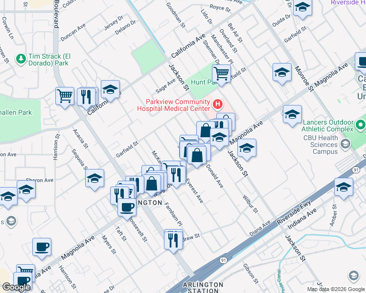 map of restaurants, bars, coffee shops, grocery stores, and more near 3855 Stotts Street in Riverside