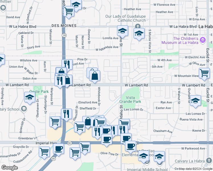 map of restaurants, bars, coffee shops, grocery stores, and more near in La Habra