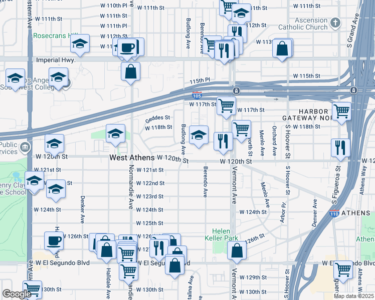 map of restaurants, bars, coffee shops, grocery stores, and more near 11937 Budlong Avenue in Los Angeles