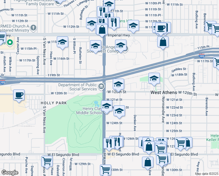 map of restaurants, bars, coffee shops, grocery stores, and more near 1732 West 120th Street in Los Angeles