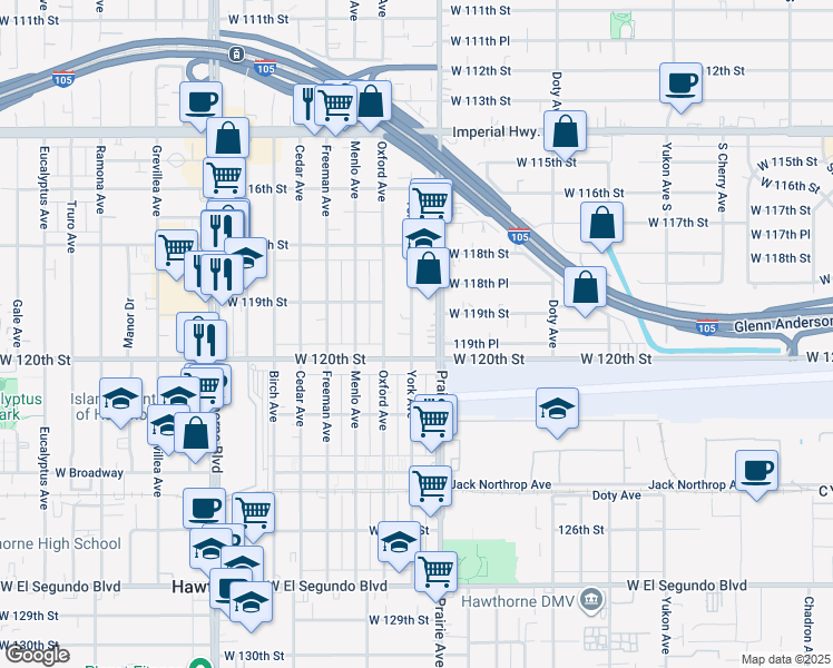 map of restaurants, bars, coffee shops, grocery stores, and more near 11981 York Avenue in Hawthorne