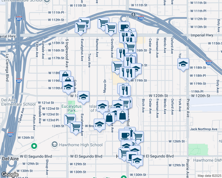 map of restaurants, bars, coffee shops, grocery stores, and more near 4467 West 120th Street in Hawthorne
