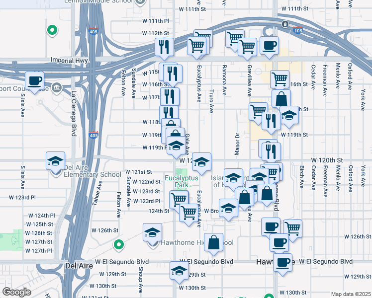 map of restaurants, bars, coffee shops, grocery stores, and more near 4763 West 120th Street in Hawthorne