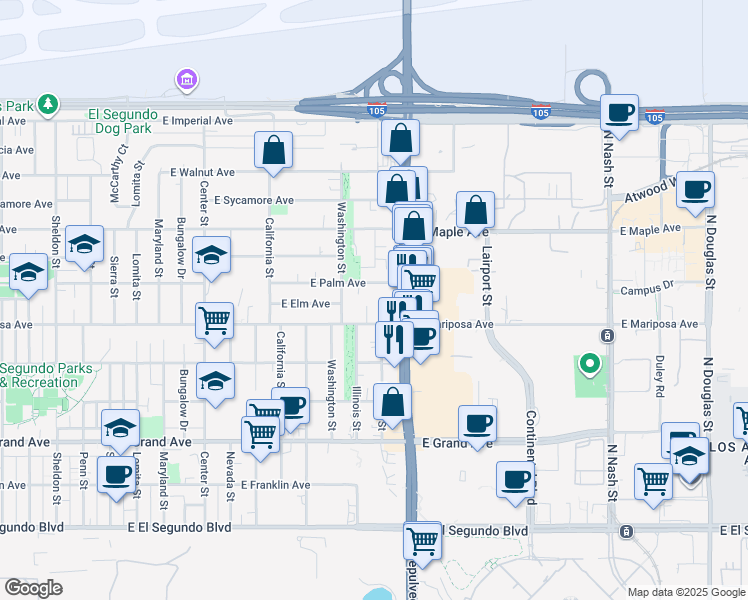 map of restaurants, bars, coffee shops, grocery stores, and more near in El Segundo
