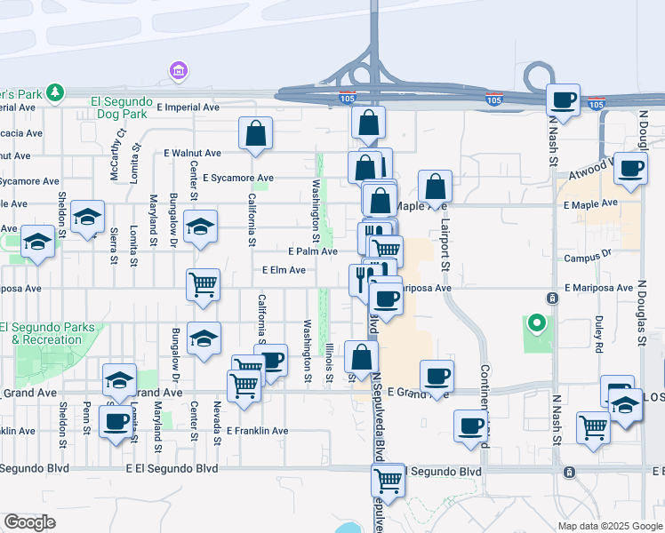 map of restaurants, bars, coffee shops, grocery stores, and more near in El Segundo