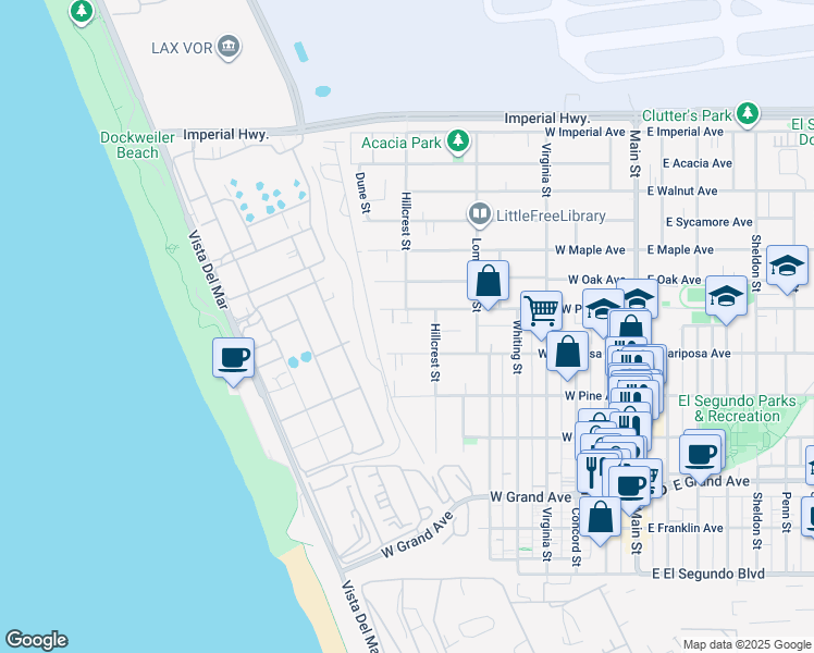 map of restaurants, bars, coffee shops, grocery stores, and more near 727 West Mariposa Avenue in El Segundo
