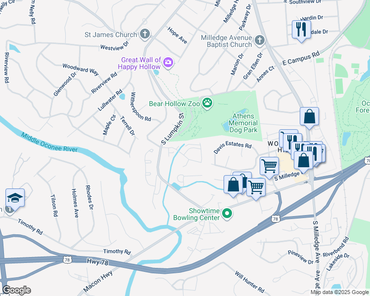 map of restaurants, bars, coffee shops, grocery stores, and more near 202 Sleepy Creek Drive in Athens